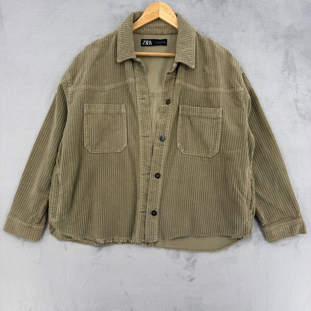 Zara Corduroy Shirt Jacket Olive Green Raw‎ Hem Shacket 100%Cotton Womens Size L - Picture 2 of 12